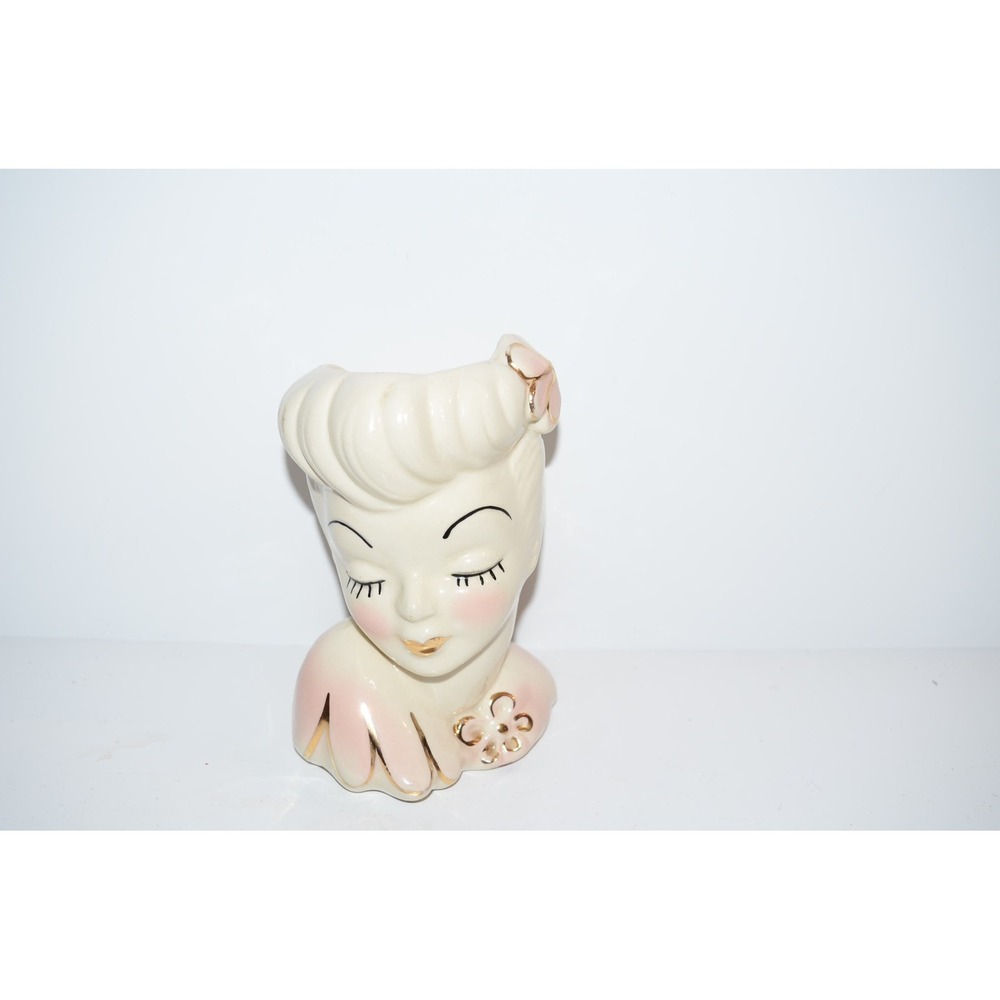 Vtg ivory with Pink gold Glamour Girl Lady head planter Art deco - Picture 12 of 12